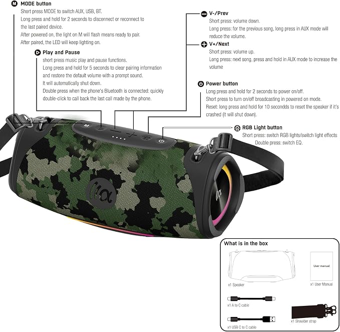 TAZATA Portable Bluetooth Speaker 80W RMS,120W Peak Loud Subwoofer Wireless Stereo with HD Sound,8H Playtime IPX7 Waterproof for Party cmaping Beach (CAMO-80W RMS/120W Peak)