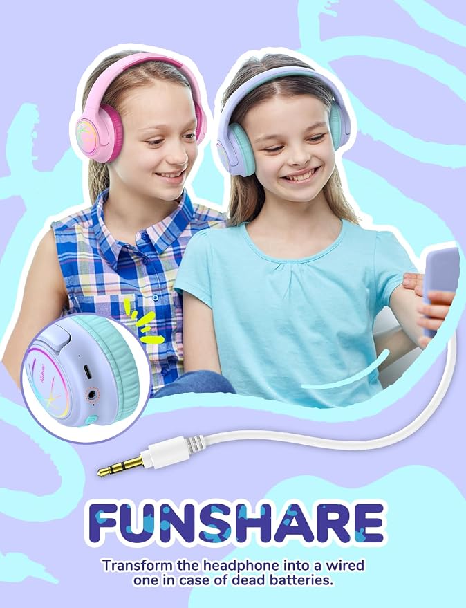 iClever Kids Bluetooth Headphones with LED Lights, BTH18 Safe Volume 74/85dBA, 43H Playtime, Bluetooth5.3 Kids Headphones Wireless Aux Cord for iPad/Tablet/Travel/School, Purple