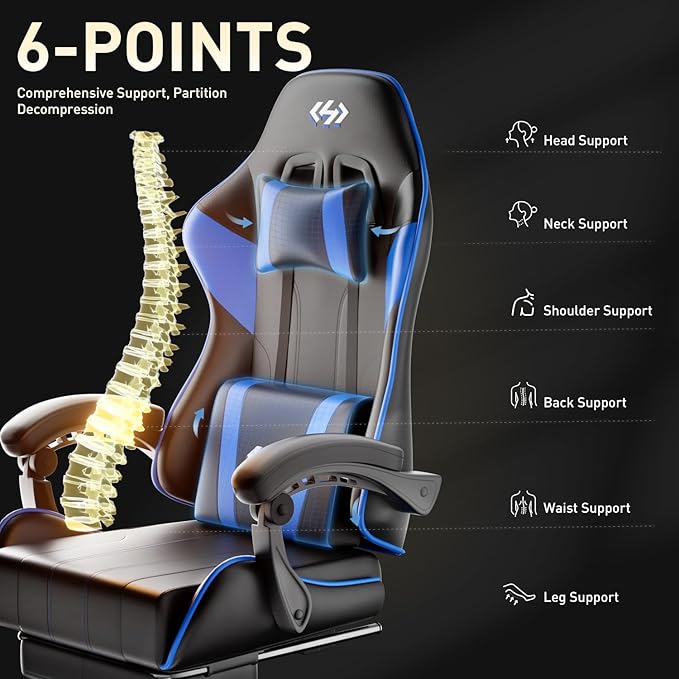 HLDIRECT Gaming Chair, Ergonomic Computer Office Chair with Lumbar Support, Footrest, Headrest, PU Leather, 360° Swivel, Adjustable Height, Metal Frame, 200 lbs Capacity (Black&Blue)