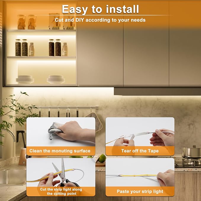 PAUTIX COB LED Strip Light 3780LEDs,Super Bright 8000Lumen 4000K Natural White 24ft,Dimmable 24V LED Tape Light with 3M Tape,RF Remote with Timer Function,48W Power Supply,for Bedroom,Home,Kitchen DIY