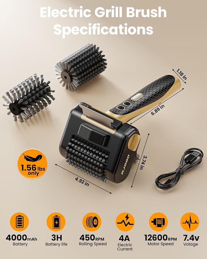 Electric Grill Brush for Outdoor Grill, Cordless BBQ Cleaner with LED Light, Scraper, Dishwasher‑Safe Bristles, 4000 mAh Battery, Rechargeable Power Grill Scrubber (Gold)