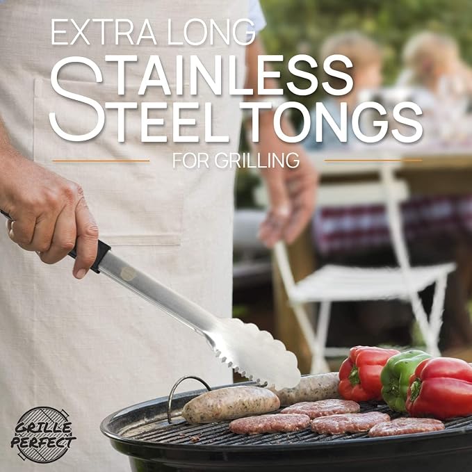 Digital Meat Thermometer and Heavy Duty Tongs BBQ Tools for Grilling Smoking Outdoor Cooking Instant Read Accurate Temperature Probe Long Metal Flipper with 3 Side Silicone Handle