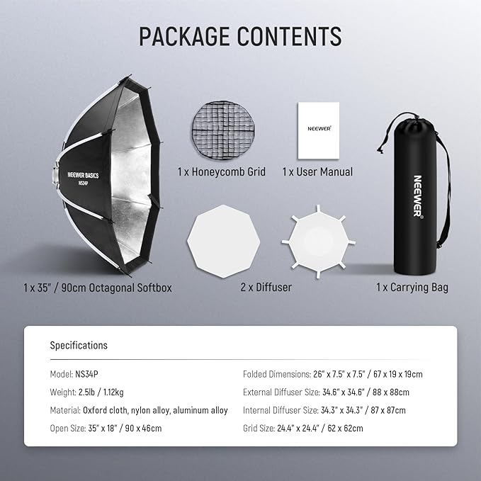 NEEWER Basics Octagonal Softbox Kit for Studio Photography Video Recording Streaming, 35"/90cm Quick Release Bowens Mount Softbox/Grid/Light Diffusers/Bag, for Continuous Lighting Strobe Flash, NS34P