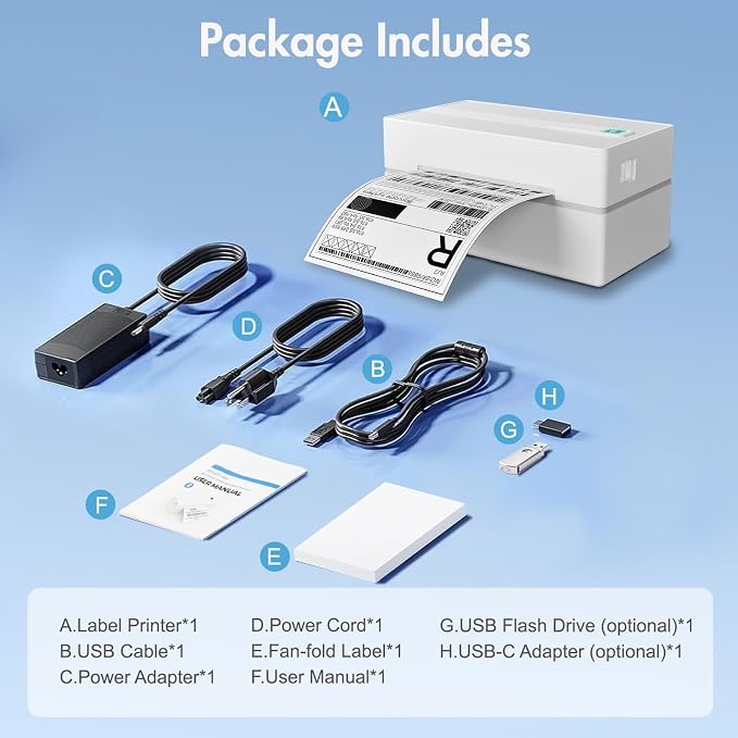 Bluetooth Thermal Shipping Label Printer: 4x6 Wireless Label Maker with Tape for Small Business - Compatible with iPhone, Android, Windows & Mac, Widely Used for USPS UPS Amazon Shopify, White