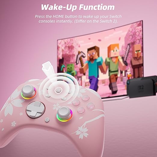 Mytrix Wireless Controllers for Switch/Switch 2, Windows PC iOS Android Steam/Steam Deck, Sakura Pink Bluetooth Controller with Programmable, Hall Effect Joysticks, Adjustable LED Light/Turbo/Vibration