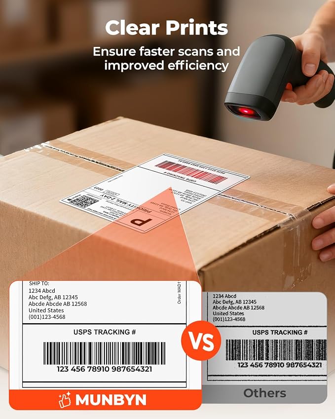 MUNBYN 130B Bluetooth Thermal Label Printer+4"x6" Direct Thermal Shipping Label 220 Labels/Roll