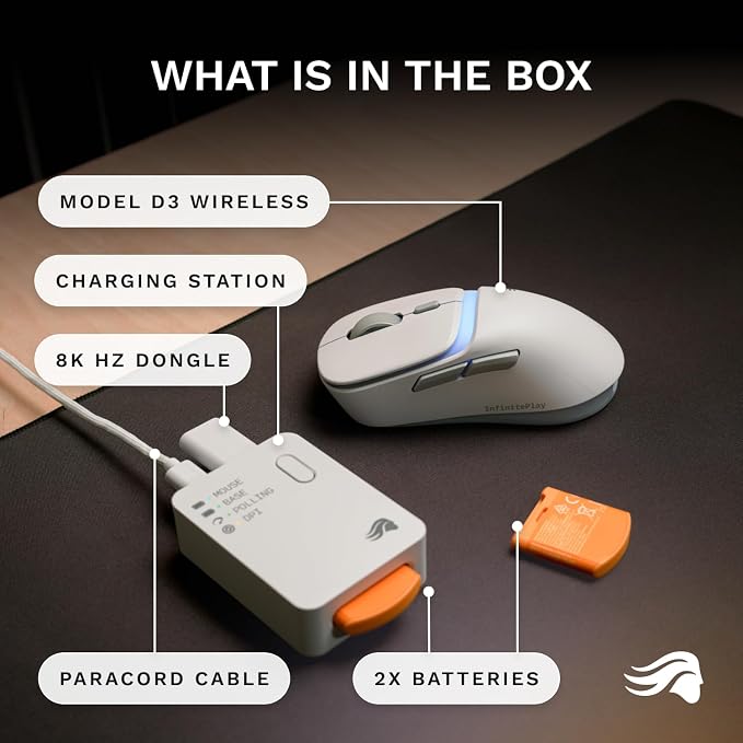 GLORIOUS Gaming Model D3 Wireless Gaming Mouse - InfinitePlay Swappable Battery, 130H Battery Life, 8k Polling, 130M Optical Switches, Ultralight 69g, 30K DPI Optical Sensor, RGB - White