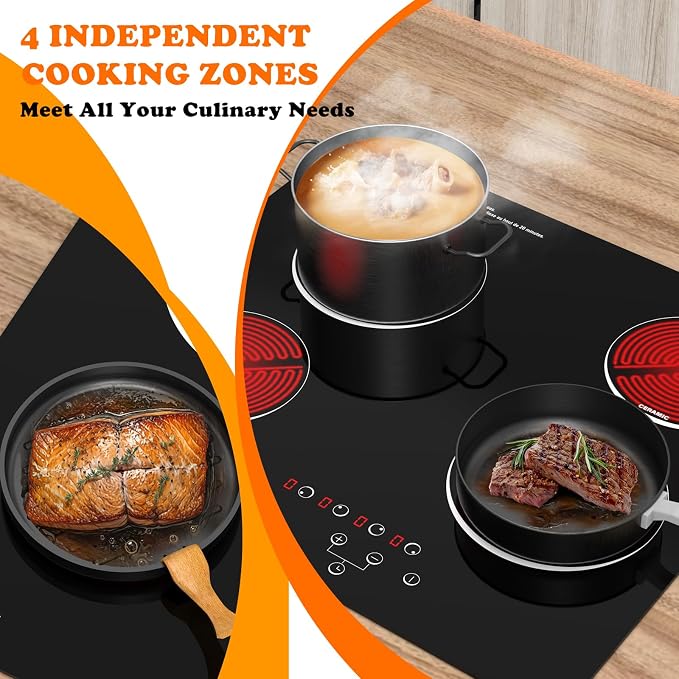 4 Burner Electric Cooktop, TOPWISH 24 Inch, Built-in Electric Stove Top, 220-240v Radiant Cooktop with Child Lock, Touch Control, Residual Heat Indicator, Overheat Protection, Hard Wire (No Plug)