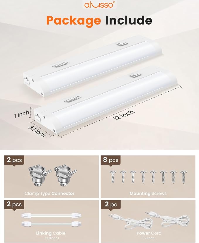 ALUSSO 12 Inch LED Under Cabinet Lighting Hardwired & Plug in 120V, 5CCT Color Selectable 2700K-5000K Dimmable 6W 510LM High Brightness, Strip Linkable Under Counter Lights for Kitchen Sink, 2 Pack