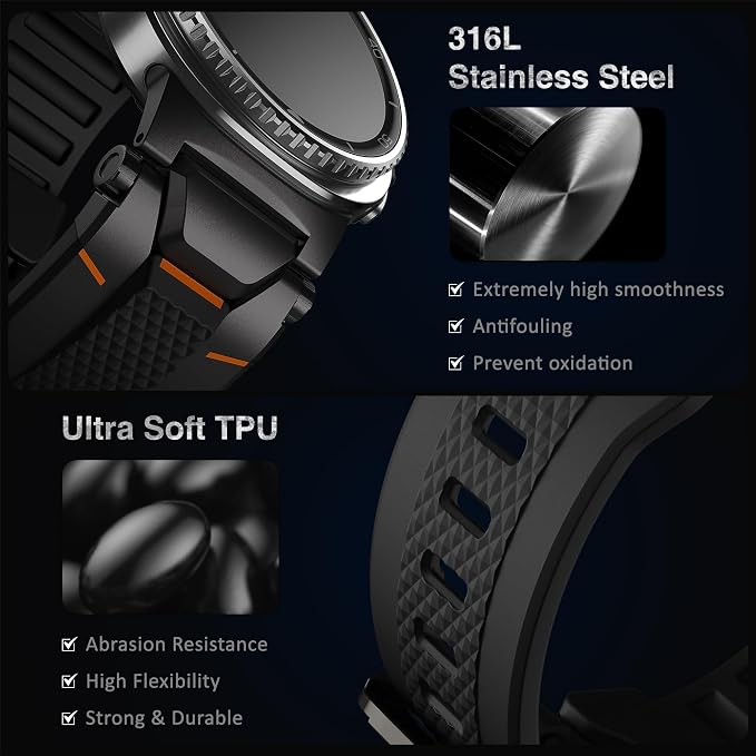 ULTIMAL Rugged TPU Sport Band ONLY for Samsung Galaxy Watch 8 Classic & Galaxy Watch 8 (40/44/46mm), Replacement Strap with Secure Connector, Waterproof Sweat-Resistant, Fit 6.2”-8.9”(Black+Black)