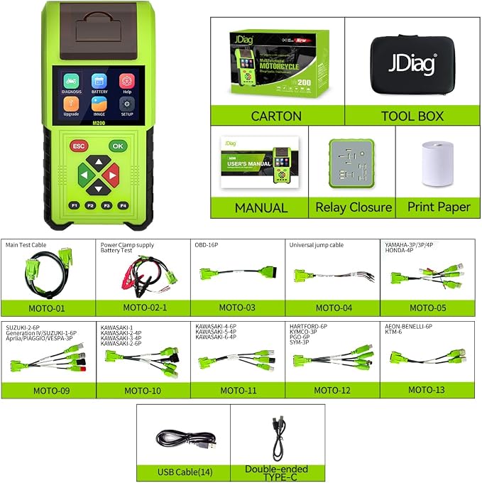 2023 TopDiag M200 Motorcycle Diagnostic Scanner Moto Fault Code Reader Battery Tester Motoscan Tool (Cable Set 2 (OBD to Full))