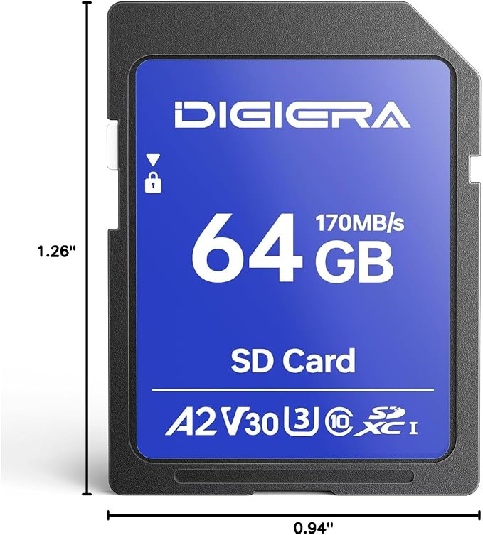 DIGIERA 64GB LS100 SDXC UHS-I Memory Card - up to 170MB/s, C10, U3, V30, 4K UHD, SD Card for Computers, Digital Cameras, Home Theatre Devices, Car Navigation Systems (1 Pack)