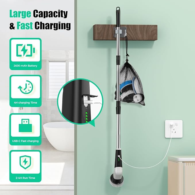 YKYI Electric Spin Scrubber, Cordless Power Scrubber Cleaning Tool with 8 Replaceable Heads and Extension Handle for Bathroom, Tub, Tile, Floor, Grout and Car (Gray)
