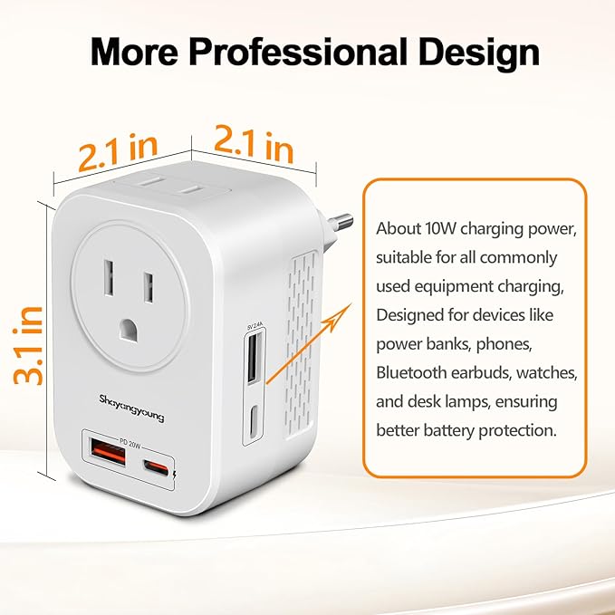 220 to 110 Voltage Converter US to Europe, Power Converter for Europe,Converter for European Travel with 20W PD,2 Type-C Port 2 USB-A,Power Plug Combo for Germ Italy Spain Greece-White