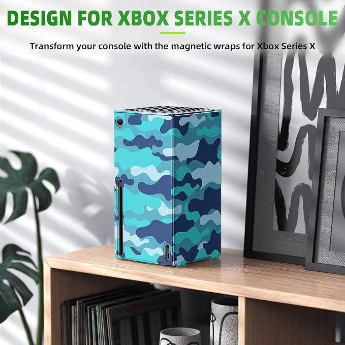 WOLIBEAR Magnetic Smart Wraps for Xbox Series X Console, Full Protection Protective Cover Case for Xbox Series X Accessories with Premium PU Leather and Soft Inner Lining - Blue Camo