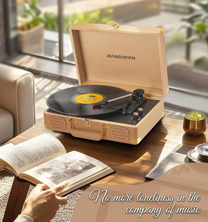 Record Player 3 Speed Bluetooth Portable Suitcase, Vinyl Phonograph with Built-in Bass & Speakers, Belt-Driven LP Player Support AUX-in RCA Line Out Headphone Jack, Champagne Gold