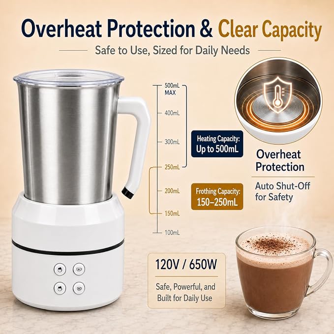 Electric Milk Frother 8.5oz, 4-in-1 Automatic Milk Steamer for Coffee, Latte, Cappuccino, Detachable Stainless Steel Cup, Dishwasher Safe, Magnetic Whisk, Precise Spout for Latte Art, (White)