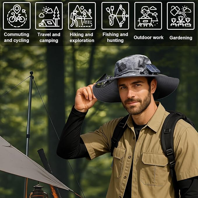 Solar Fan Hat,Wide Brim Solar Powered Fan Hat,Sun Hat with 2 Built-in Fans for Men