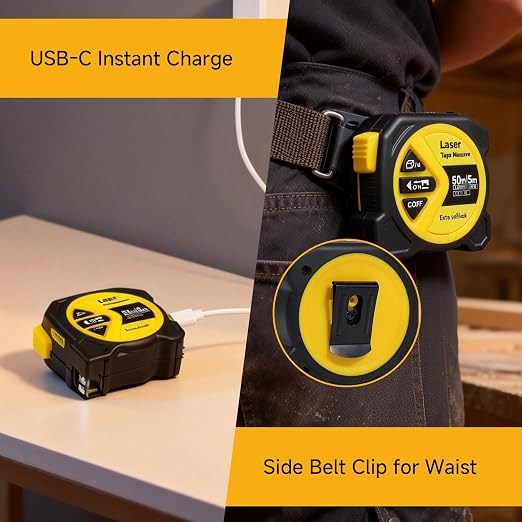 2-in-1 Digital Tape Measure with Laser, Rechargeable Laser Measuring Tool | 164Ft/50m Laser Measure & 16Ft/5m Auto-Lock Tape | w/Backlit LCD Display, Area & Volume Calc | Ft/in/M/Ft+in Units