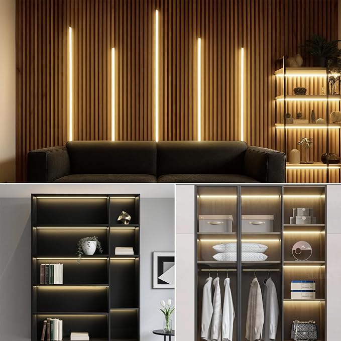 Touch Dimmable LED Under Cabinet Lighting,6PCS 12V Black COB Strip Lights,3.3Ft Self-Adhesive LED Recessed Lighting Kit 4000k with 36W Adapter for Wood Slat Wall Panels, Headboards, Cabinet,Shelves