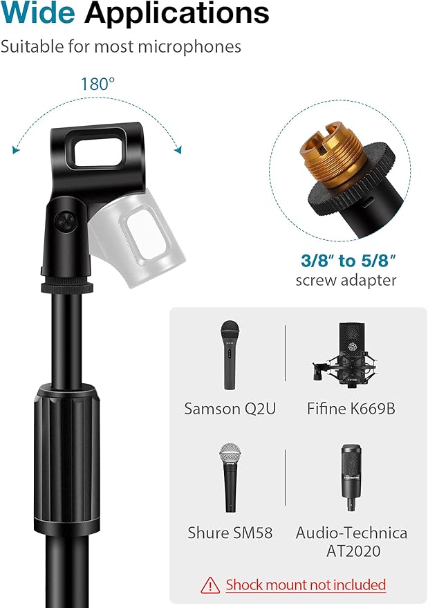 InnoGear Microphone Stand, Boom Arm Mic Stand Floor Detachable Height Adjustable Heavy Duty with Mic Clip Holder Metal Base for Blue Yeti HyperX QuadCast Shure SM58 Samson Q2U Fifine K669B
