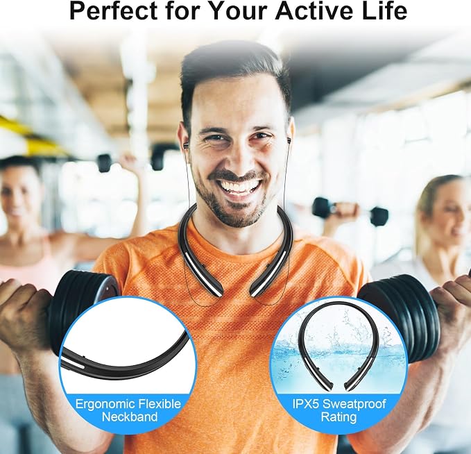 Bluetooth 5.0 Neckband Bluetooth Headphone, Sweat Resistant Noise Cancelling Stereo Headphones, and Retractable Ear Tips for Music, Conference, Videos (Black)