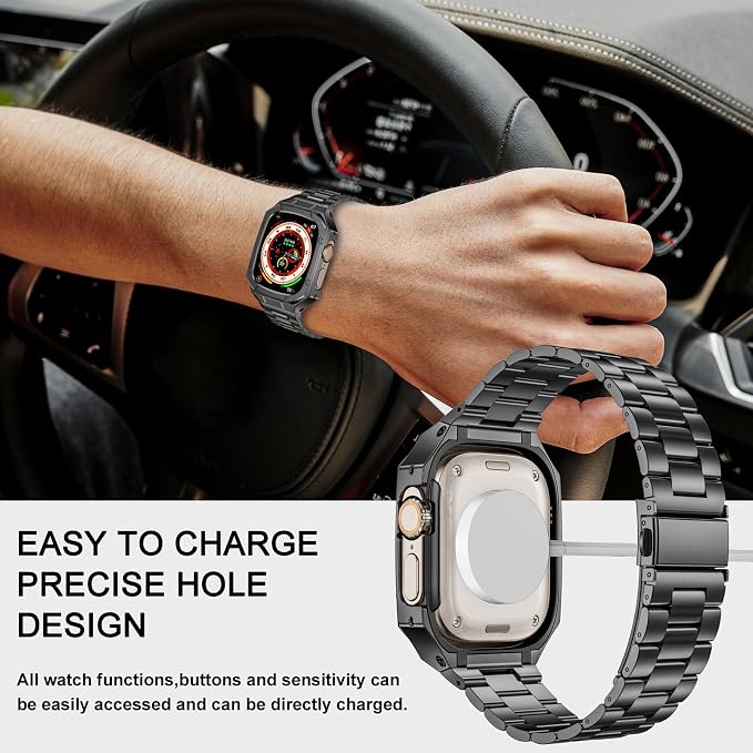 BAITEYOU Stainless Steel Watch Band with Case Compatible with Apple Watch Ultra 3 2 1 band (49mm), Rugged Strap with Metal Protective Bumper Cover for iWatch Bands Men (Grey)