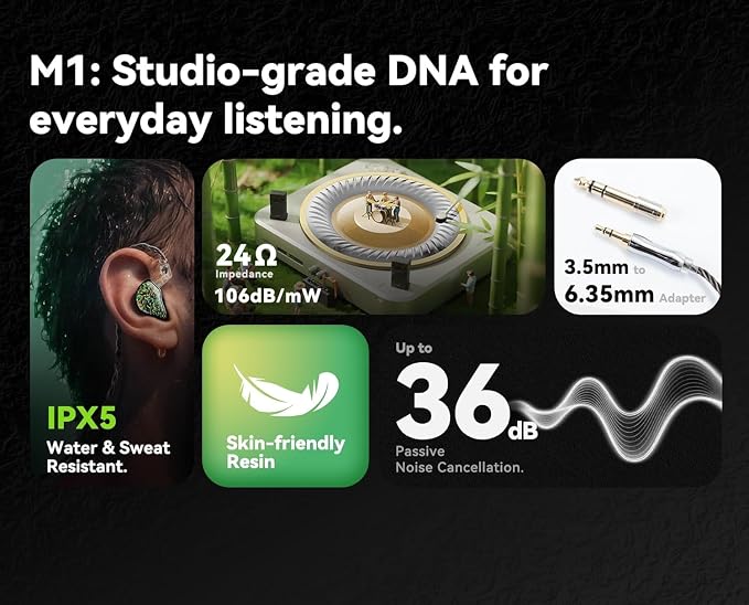 Tipsy M1 IEM, Bamboo Fiber Diaphragm in-Ear Monitor, Warm, Lively Bass & Vocals, 36dB Noise Isolation, Resin Shell, Detachable 0.78mm 2‑Pin Cable (No Mic, Green)