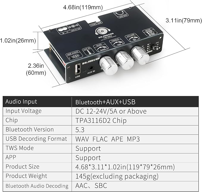2PCS TW100U 100W Mono Amplifier Board, TPA3116D2 Digital Power Amp Module with Built-in Step-up Voltage Circuit (19V/24V), Supports TWS Wireless Pairing, Bluetooth 5.3, AUX, USB Input, DC 12-24V