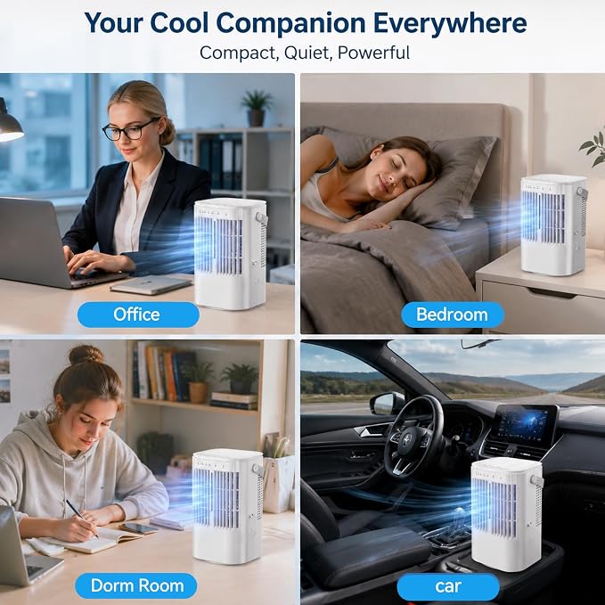 Portable Air Conditioners 4-in-1 Mini Small Air Conditioner Evaporative Air Cooler Fan with 1000ml Water Tank 3 Speeds 7 LED Lights Personal Mini AC with Timer for Bedroom Desktop Home Office (White)