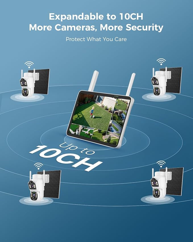 Hiseeu Solar Security Cameras Wireless Outdoor, Auto Tracking Dual-Lens Wireless Cameras for Home Security with 10" Touchscreen, 2.4 & 5GHz WiFi Pro 4 Cam-Kit, 2 Way Audio, 500GB HDD, 0 Monthly Fee