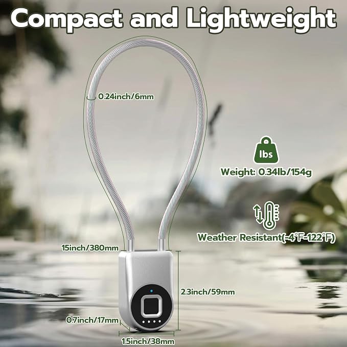 eLinkSmart Fingerprint Padlock, Fingerprint Cable Lock with Bluetooth APP Contral, 15'' Waterproof Keyless Smart Cable Lock Heavy Duty Anti Theft for Bike, Outdoor, Fridge, Gate, Fence, Silver