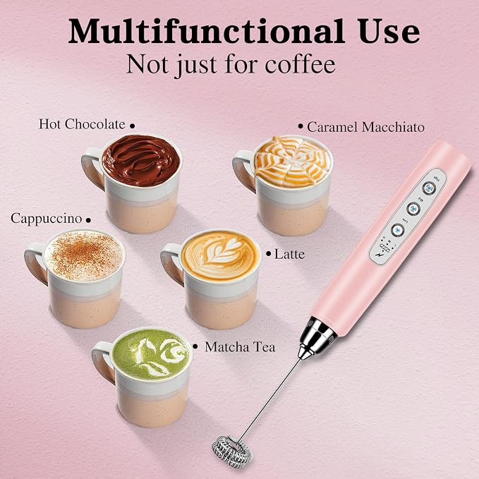 BSRGMS Milk Frother Handheld with Stand, Electric Whisk 3 Speed Adjustable, Drink Mixer with Stainless 3 Whisks, Rechargeable Hand Frother Wand, Foam Maker for Latte Cappuccino Hot Chocolate Egg Pink