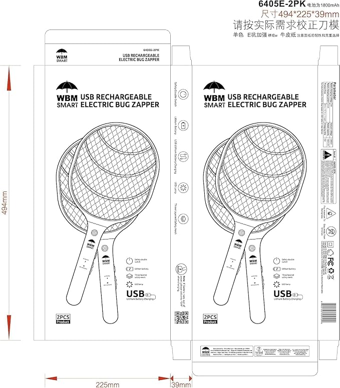 WBM Smart Bug Zapper with LED Night Light, 3,000 Volt Mosquito Electric Fly Swatter | USB Rechargeable |Fly Trap Racket Use for Indoor & Outdoor – 2 Pcs