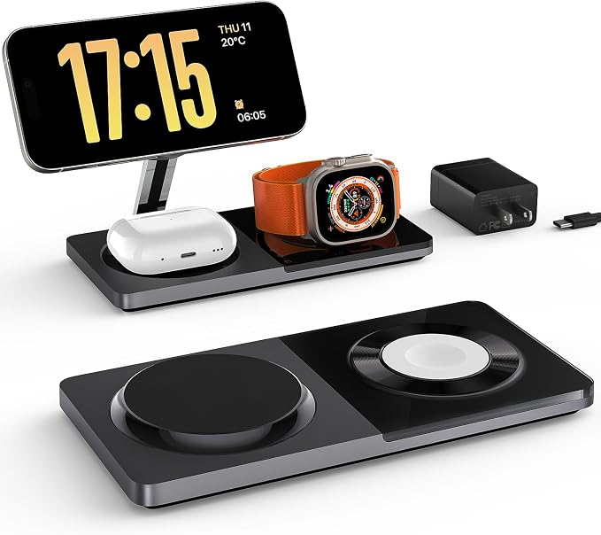 PETINO 3 in 1 Wireless Charging Station for Apple Devices with MagSafe | For iPhone 17/Air/16/15/14/13/12, AirPods & Apple Watch, Foldable Portable Aluminum Charging Stand, Adapter Included