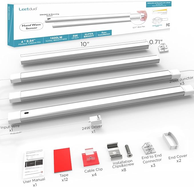 Leetdud Hand Wave Under Cabinet LED Lighting Plug in, 10 Inch 4-Pcs Dimmable Linkable Ultra Thin Aluminum Alloy Housing, 4000K Natural White Motion Sensor Counter Lights for Kitchen, Shelf, Cupboard
