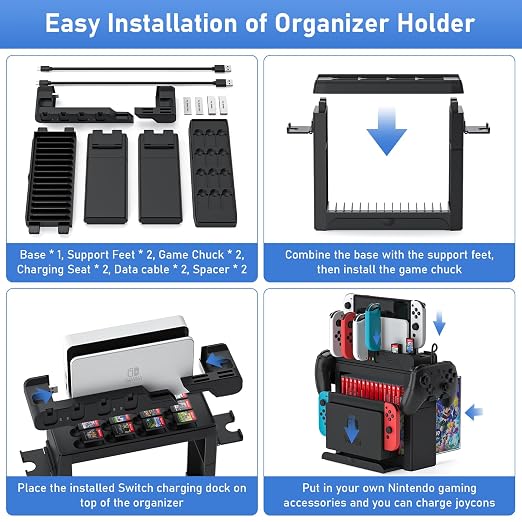 Switch Game Storage with Controller Charger for Nintendo Switch & OLED Model, Switch Charging Dock Charges 6 Joycons, Switch Gaming Accessories Holder for Desk, Switch Game Gift Card Organizer (Black)