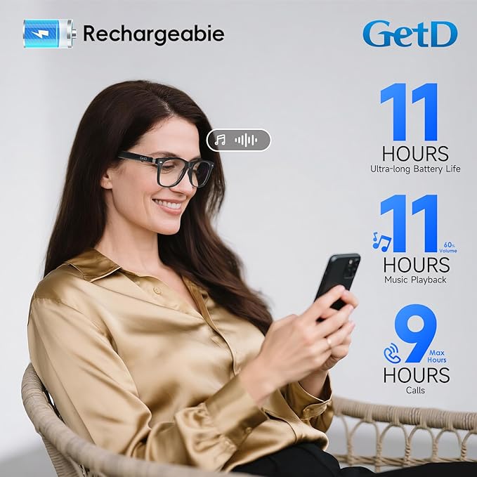 GetD Bluetooth Sunglasses for Men/Women, AI Translator, 11H Battery Life, Polarized Lens, UV Protection, Voice Control, Built-in Mic & Speakers, Smart Eyewear for Gaming Meeting Travel