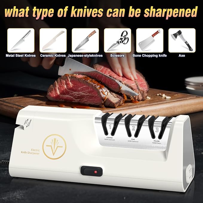 Professional Electric Knife Sharpeners with Diamond Abrasives and Precision Angle Guides, Multifunctional 4-Stage Slots and a hidden Knife Sharpener Rod, Suitable for various knives, scissors, axes 