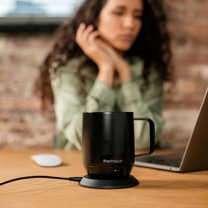 THERMACUP Premium Self Heating Coffee Mug, Temperature Controlled Heated Cup, Long Battery Life, Portable Electric Mug Warmer, Stainless Steel, Gift for Coffee Lovers, Home & Office (Black)