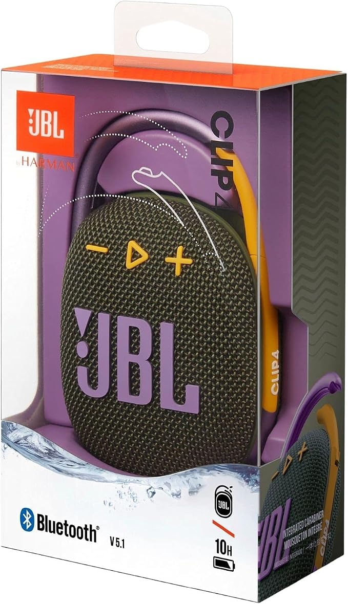 JBL Clip 4: Portable Speaker with Bluetooth, Built-in Battery, Waterproof and Dustproof Feature - Green (Renewed)