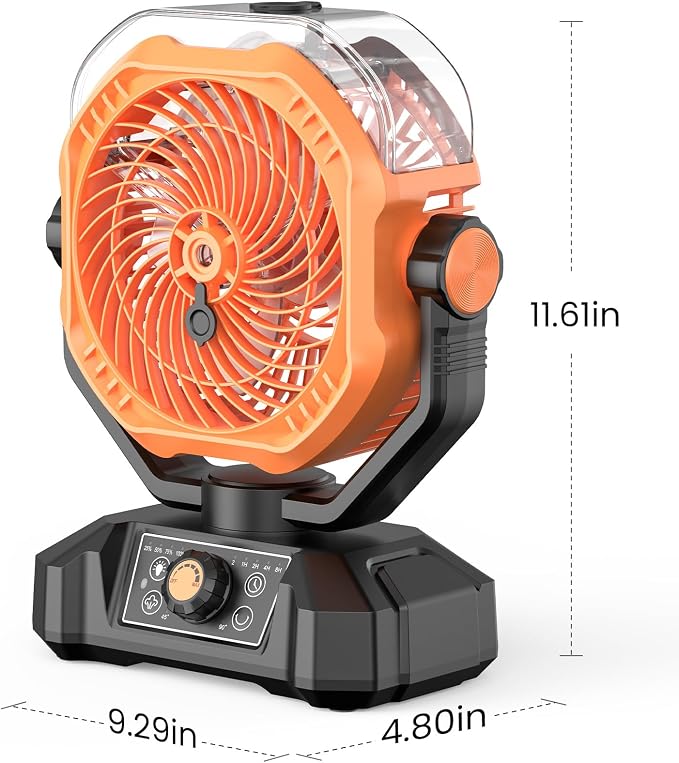 Portable Camping Fan, Misting Desk Fan with Remote, 360ML Water Tank, 16000mAh, 5 Speeds, Timer, 18-70 Working Hours, Battery Operated Fan for RV Camp Hurricane Emergency Orange