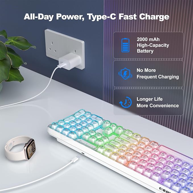 GEEZER Computer Backlit Keyboard White Crystal - Full-Size Bluetooth Wireless Rechargeable Transparent Keycap Portable Keyboards Compatible with Windows, Laptop, PC, Desktop