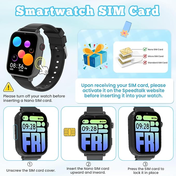 4G Kids Smart Watch GPS Tracker, Smartwatch for Kid with Video Calling, Voice Chat, Class Mode, SOS, Pedometer, Alarm, SIM Card HD Touch Screen Phone Watch Gift for 4-12 Girls Boys (Black)