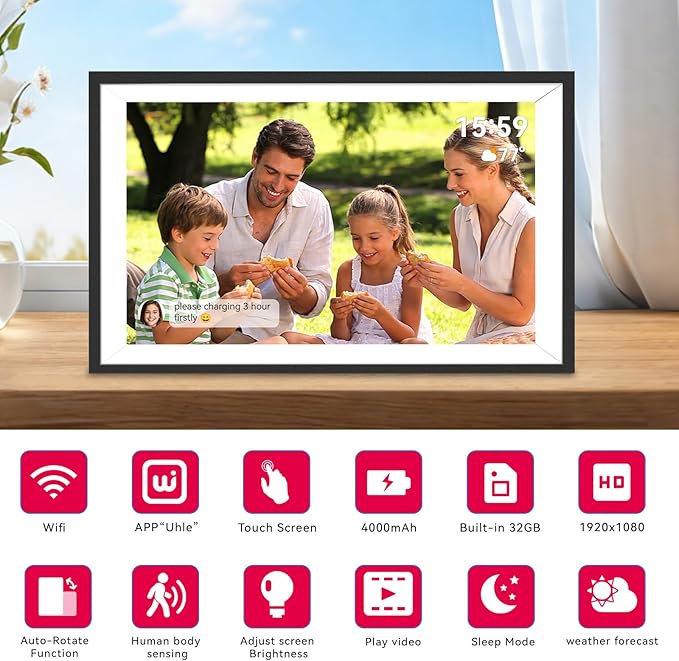Battery Powered Digital Picture Frame UHALE,10.1" 1920x1080 HD IPS Touchscreen, Cordless Photo Frame with Auto-Rotate, Share Photos & Videos, 32GB Memory, Ideal Gift for Family