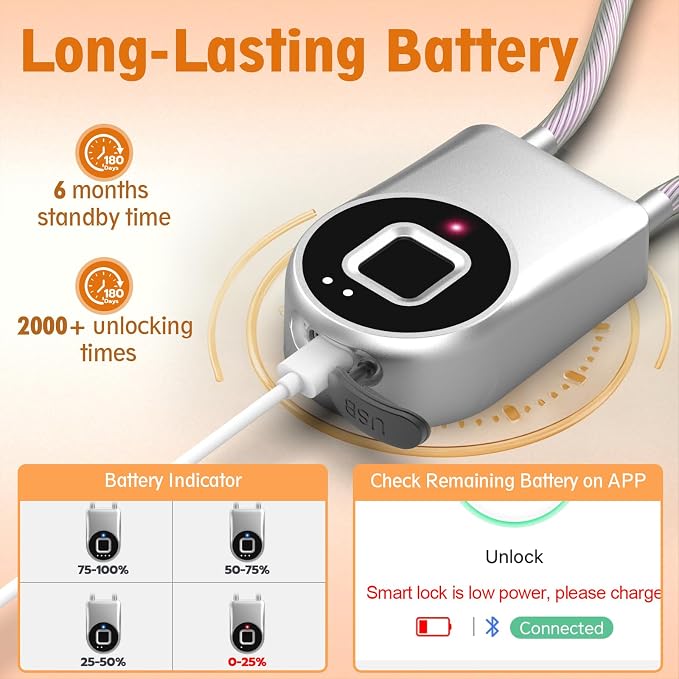 Bestkid Fingerprint Cable Lock, Childproof Fingerprint Padlock Bluetooth APP Contral, 15'' Waterproof Keyless Smart Small Lock Anti Theft for Fridge, Gate, Fence, Home, Office, Silver