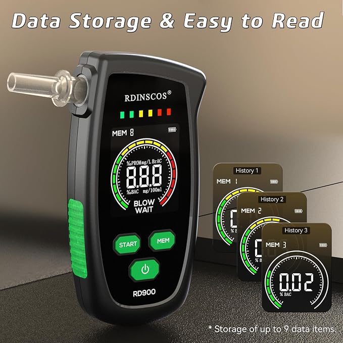 RDINSCOS Breathalyzer Rechargeable Portable Alcohol Tester | Large Color LCD Display, Includes 5 Mouthpieces, Personal & Professional Use