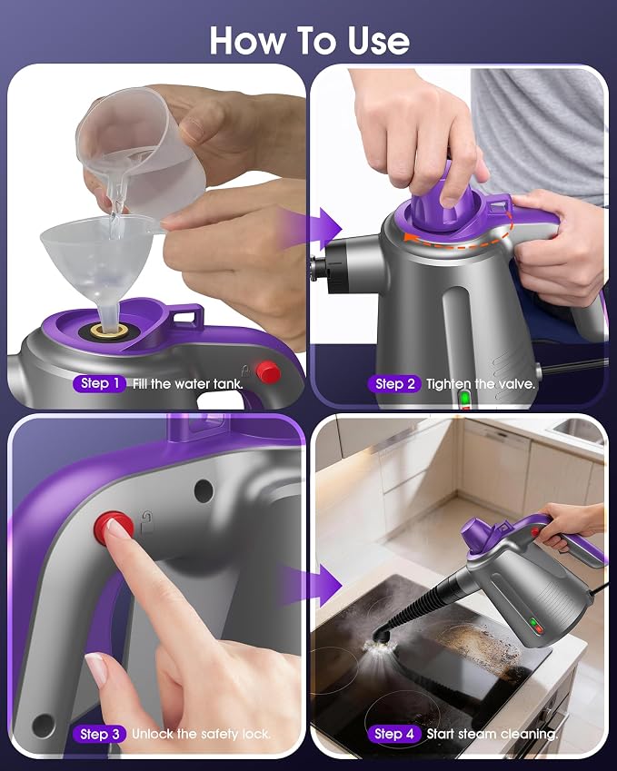 Handheld Steam Cleaner for Home, Pressurized Multi Purpose Steamer for Cleaning Upholstery Bed Furniture Couch Carpet Car with 14 Accessories & Safety Lock, Small Container for Grease