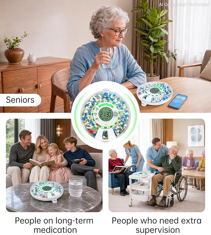 Bluetooth Automatic Pill Dispenser with App, Alarm, Light Alerts, 28-Day Medication Organizer for Seniors & Caregivers with Tracks Adherence History, Clear LCD, Key Lock, for Vitamins Prescriptions
