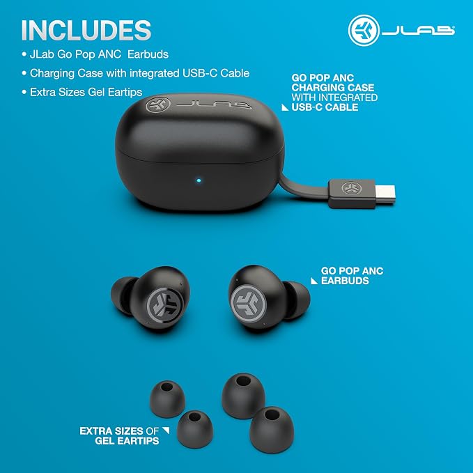 JLab Go Pop ANC, True Wireless Earbuds, Active Noise Cancelling, Bluetooth Earbuds with Charging Case, Black